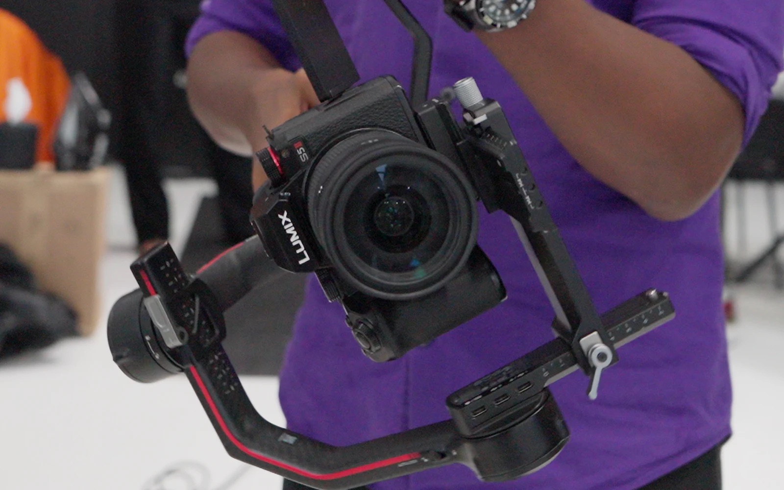 A camera on a gimbal being balanced